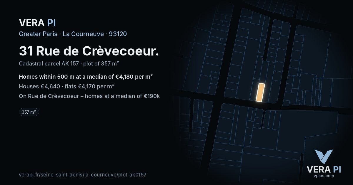 31 Rue de Crèvecoeur, La Courneuve at night – the plot lit, the parcels around coloured by the prices near them