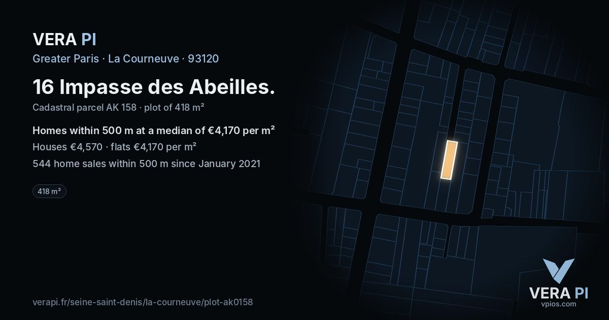 16 Impasse des Abeilles, La Courneuve at night – the plot lit, the parcels around coloured by the prices near them