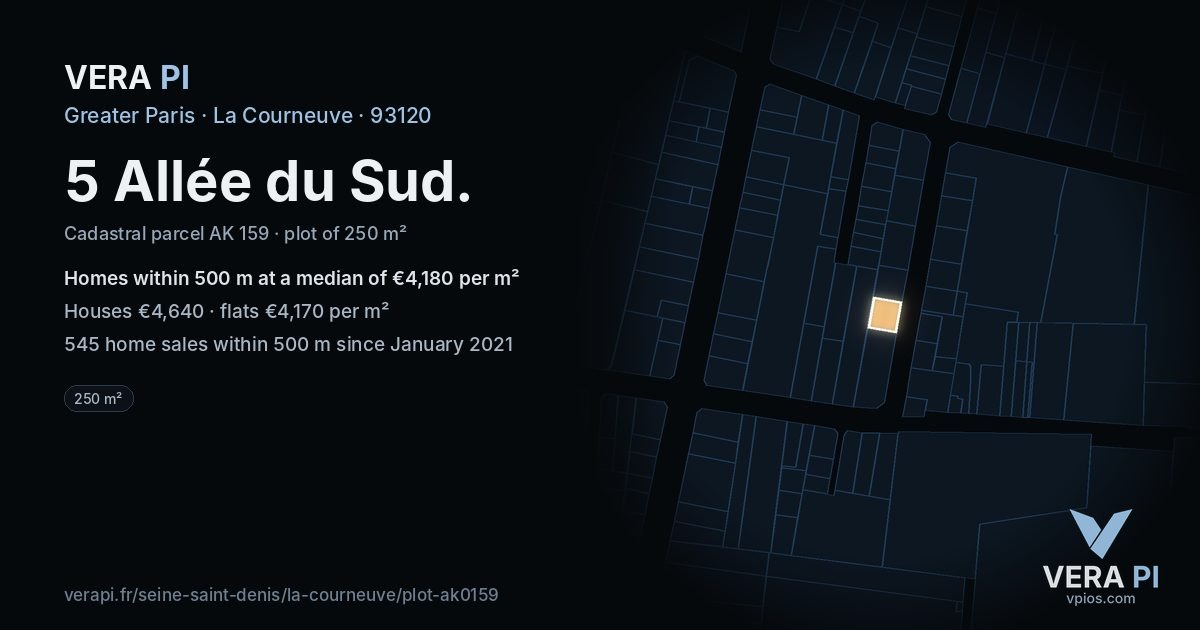 5 Allée du Sud, La Courneuve at night – the plot lit, the parcels around coloured by the prices near them