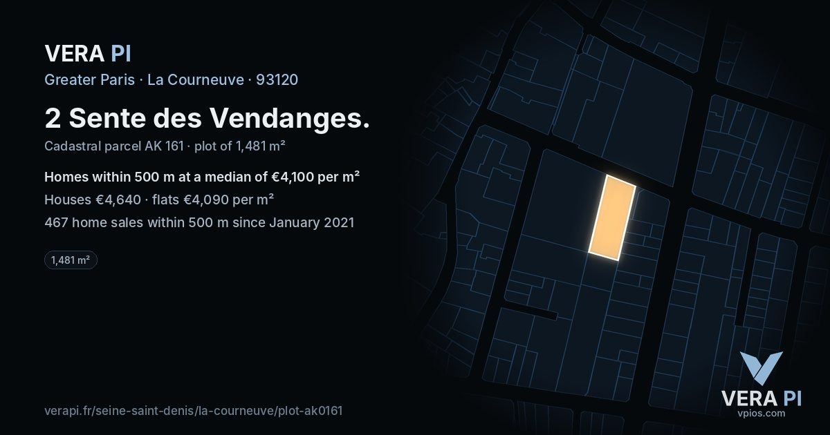 2 Sente des Vendanges, La Courneuve at night – the plot lit, the parcels around coloured by the prices near them