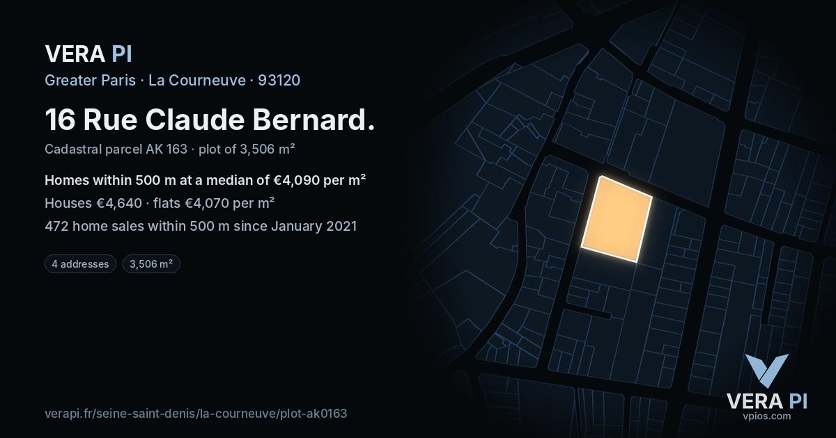 16 Rue Claude Bernard, La Courneuve at night – the plot lit, the parcels around coloured by the prices near them