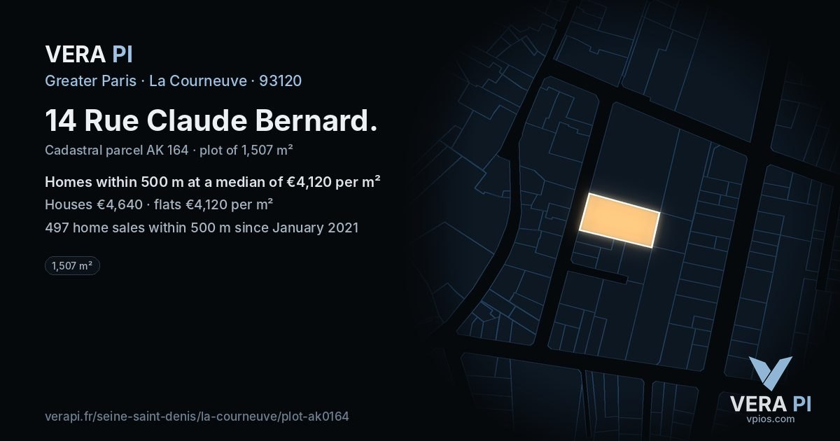 14 Rue Claude Bernard, La Courneuve at night – the plot lit, the parcels around coloured by the prices near them