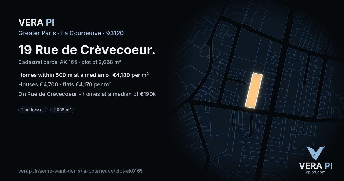 19 Rue de Crèvecoeur, La Courneuve at night – the plot lit, the parcels around coloured by the prices near them