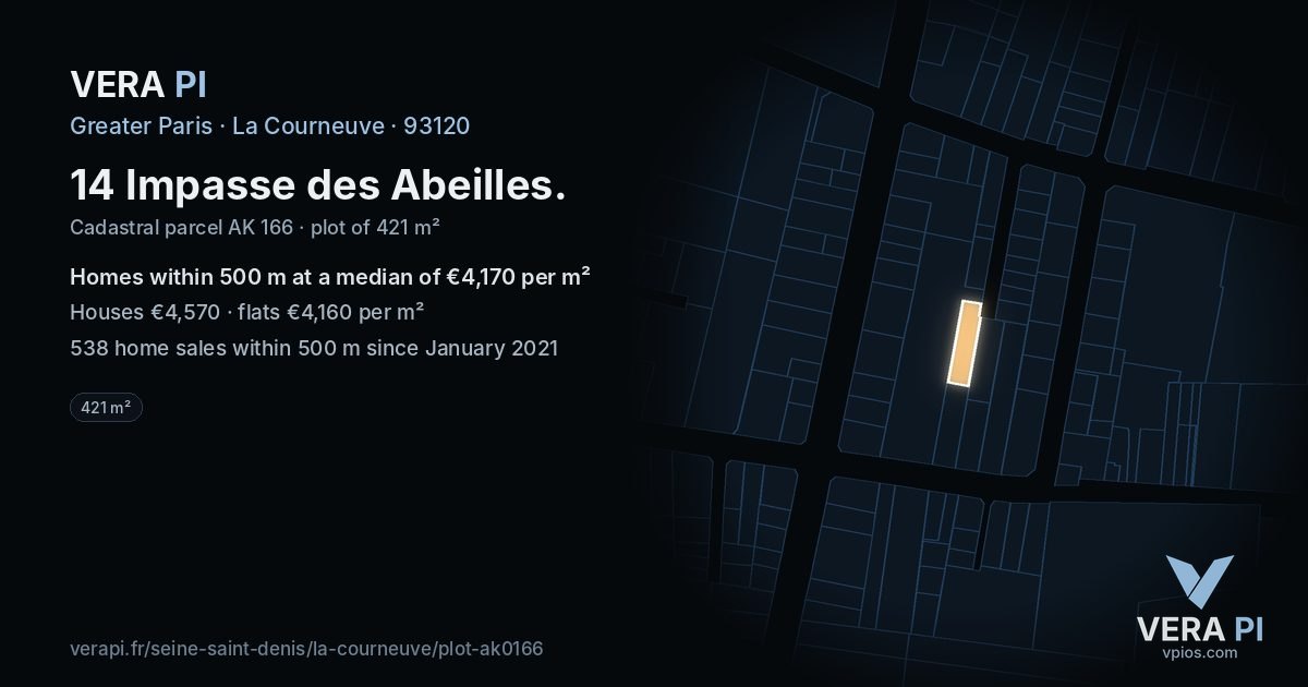 14 Impasse des Abeilles, La Courneuve at night – the plot lit, the parcels around coloured by the prices near them