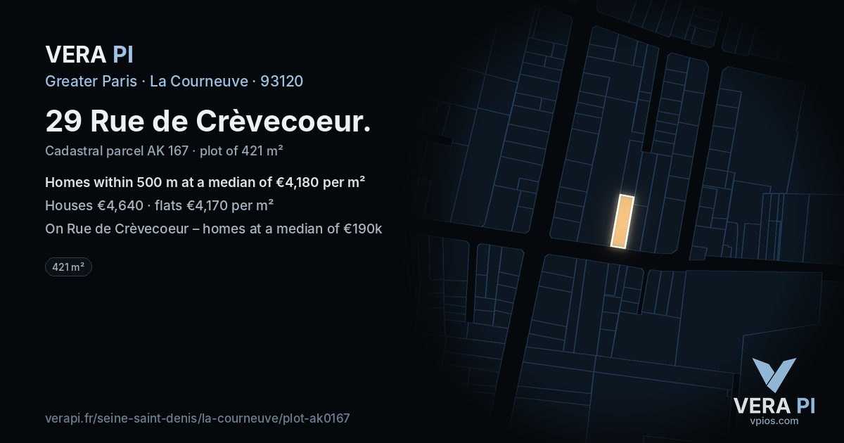 29 Rue de Crèvecoeur, La Courneuve at night – the plot lit, the parcels around coloured by the prices near them