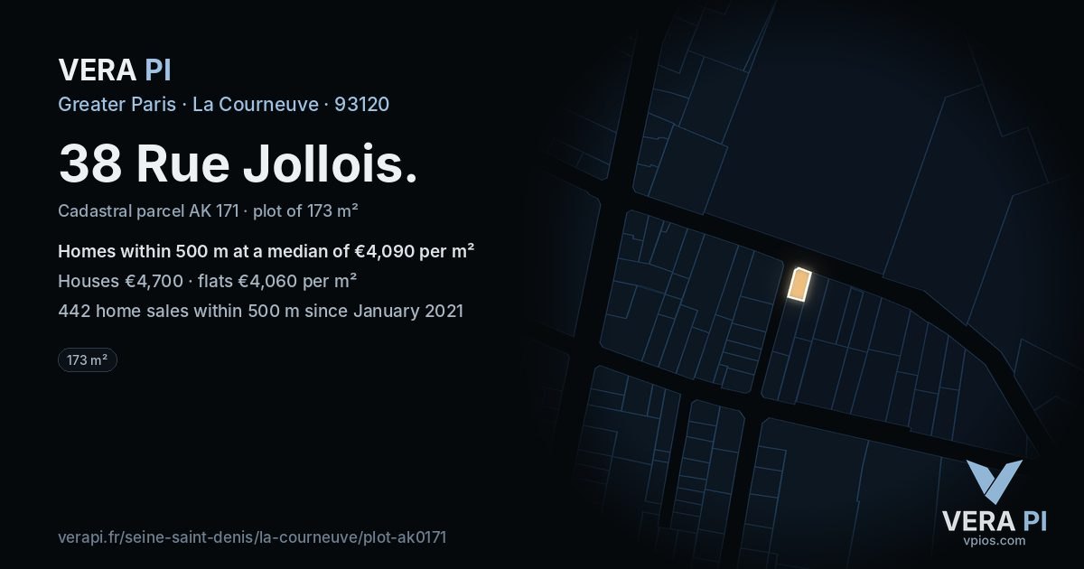 38 Rue Jollois, La Courneuve at night – the plot lit, the parcels around coloured by the prices near them
