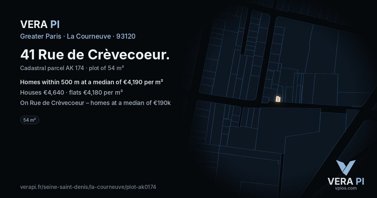 41 Rue de Crèvecoeur, La Courneuve at night – the plot lit, the parcels around coloured by the prices near them