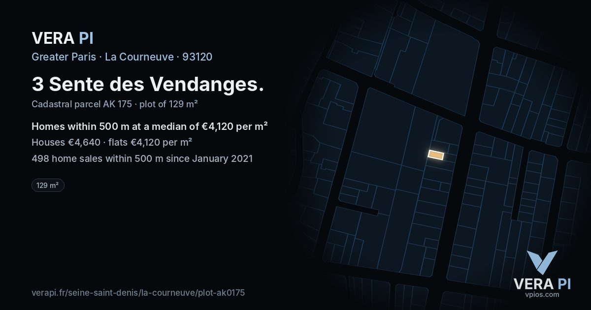 3 Sente des Vendanges, La Courneuve at night – the plot lit, the parcels around coloured by the prices near them