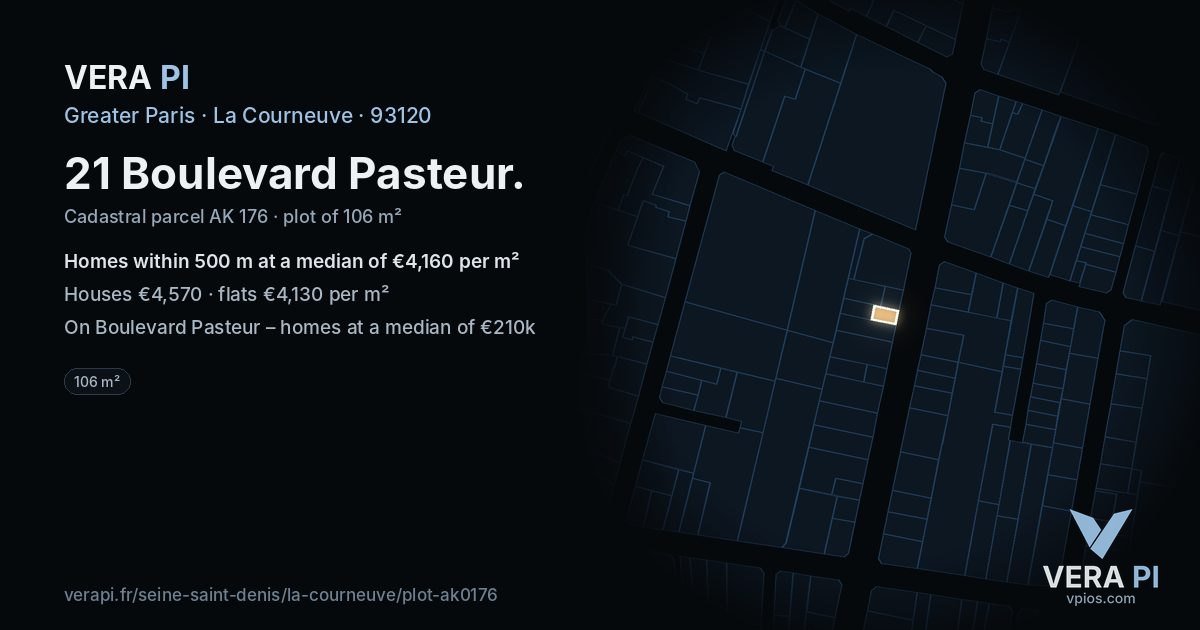 21 Boulevard Pasteur, La Courneuve at night – the plot lit, the parcels around coloured by the prices near them