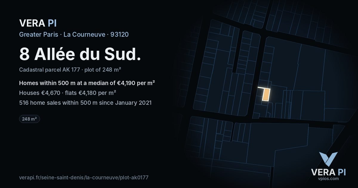 8 Allée du Sud, La Courneuve at night – the plot lit, the parcels around coloured by the prices near them