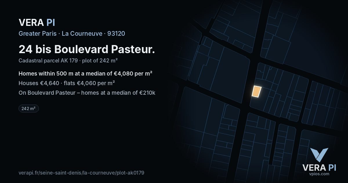24 bis Boulevard Pasteur, La Courneuve at night – the plot lit, the parcels around coloured by the prices near them