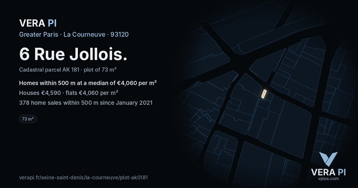 6 Rue Jollois, La Courneuve at night – the plot lit, the parcels around coloured by the prices near them