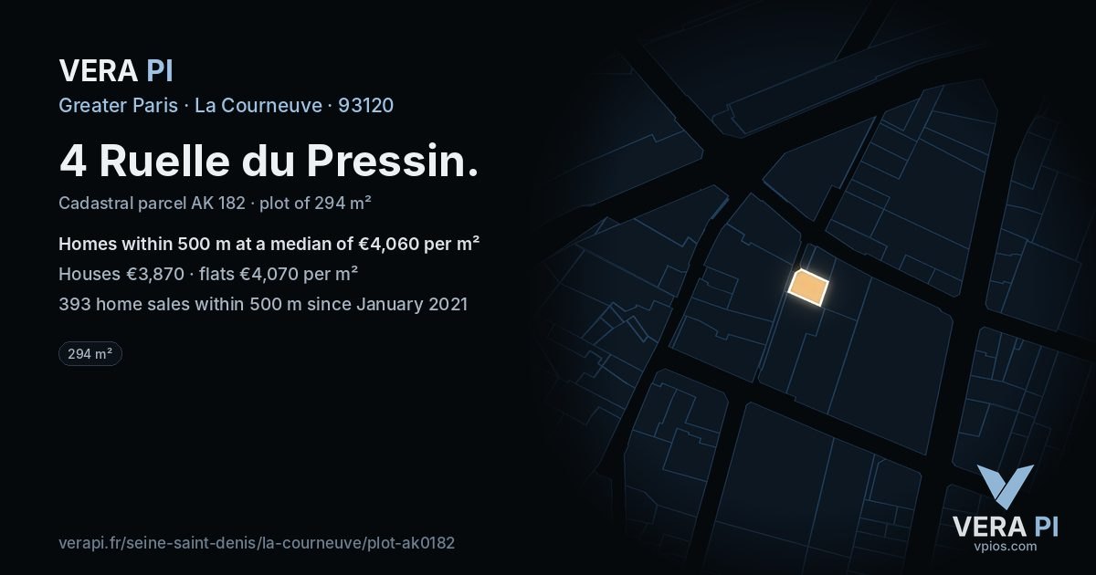 4 Ruelle du Pressin, La Courneuve at night – the plot lit, the parcels around coloured by the prices near them