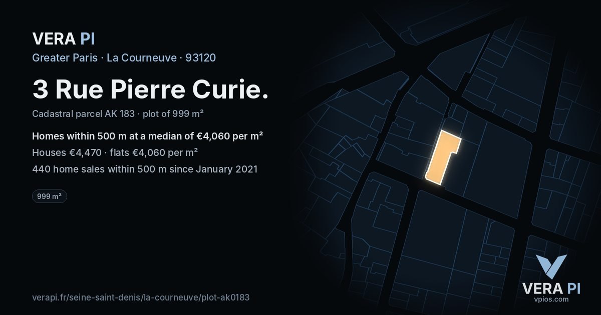 3 Rue Pierre Curie, La Courneuve at night – the plot lit, the parcels around coloured by the prices near them