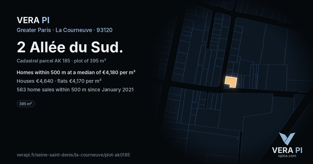 2 Allée du Sud, La Courneuve at night – the plot lit, the parcels around coloured by the prices near them