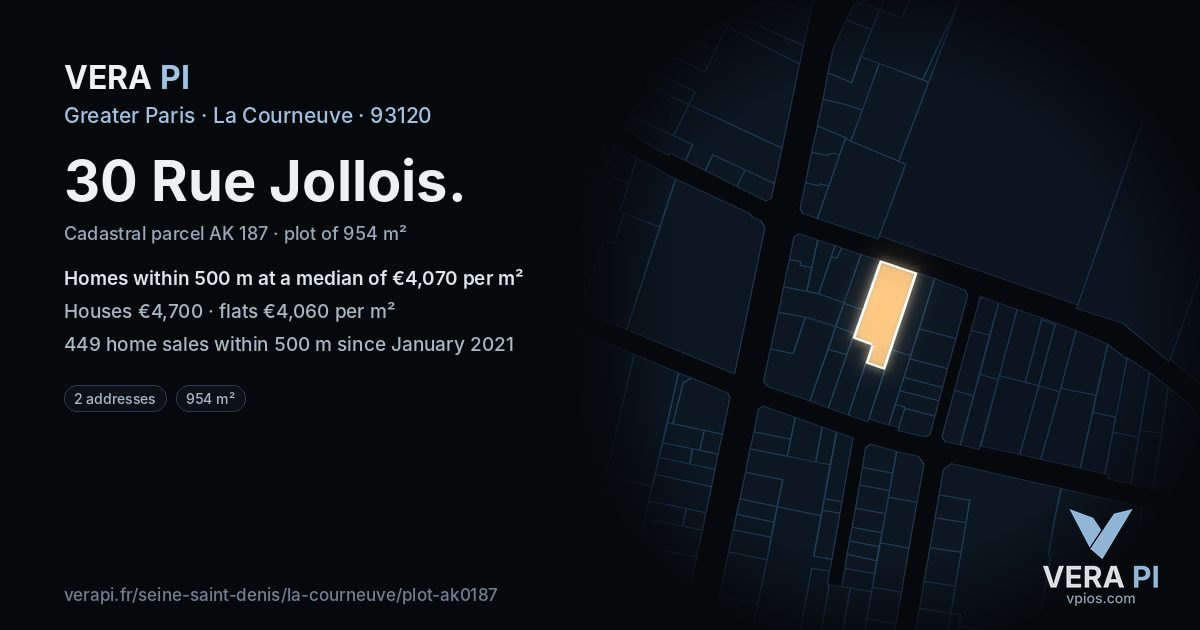 30 Rue Jollois, La Courneuve at night – the plot lit, the parcels around coloured by the prices near them
