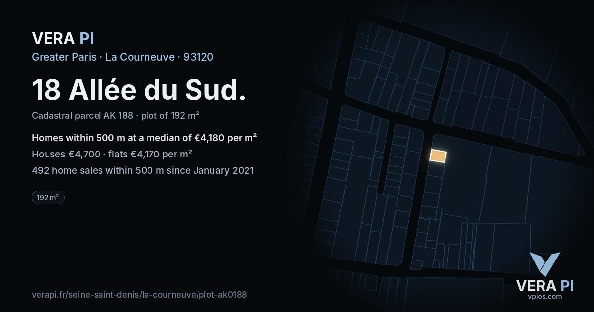 18 Allée du Sud, La Courneuve at night – the plot lit, the parcels around coloured by the prices near them