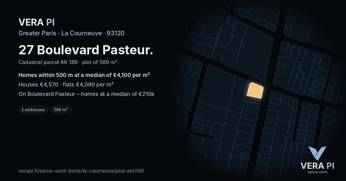 27 Boulevard Pasteur, La Courneuve at night – the plot lit, the parcels around coloured by the prices near them