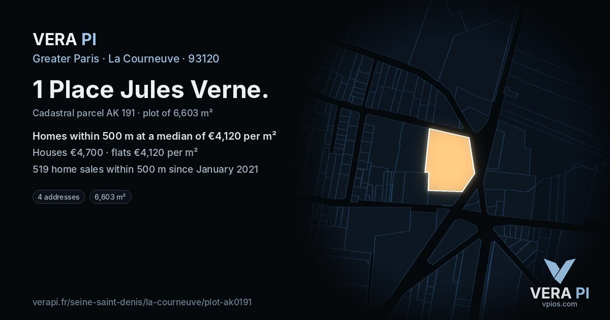 1 Place Jules Verne, La Courneuve at night – the plot lit, the parcels around coloured by the prices near them
