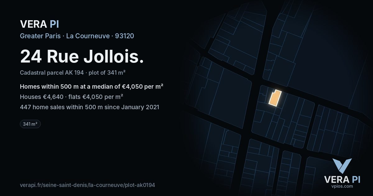 24 Rue Jollois, La Courneuve at night – the plot lit, the parcels around coloured by the prices near them