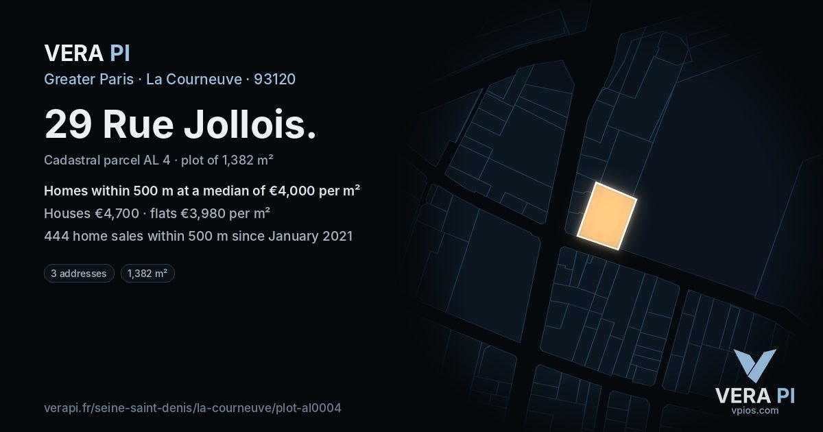 29 Rue Jollois, La Courneuve at night – the plot lit, the parcels around coloured by the prices near them