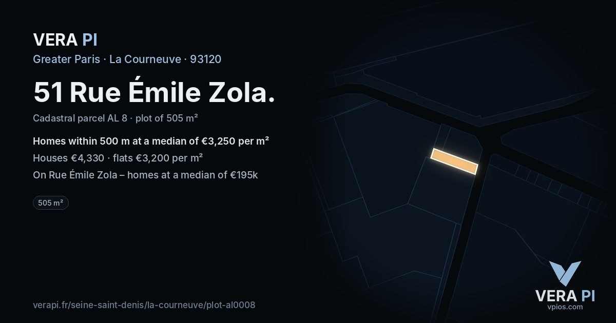 51 Rue Émile Zola, La Courneuve at night – the plot lit, the parcels around coloured by the prices near them