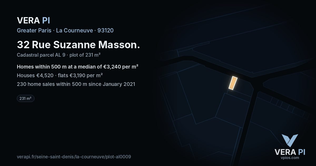 32 Rue Suzanne Masson, La Courneuve at night – the plot lit, the parcels around coloured by the prices near them