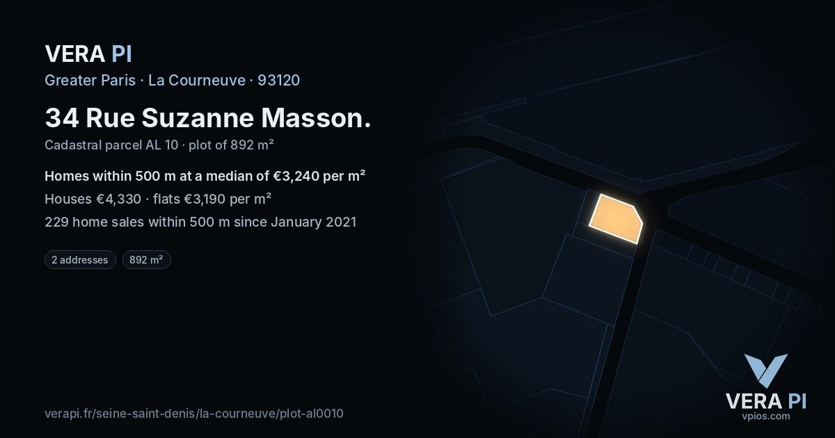 34 Rue Suzanne Masson, La Courneuve at night – the plot lit, the parcels around coloured by the prices near them