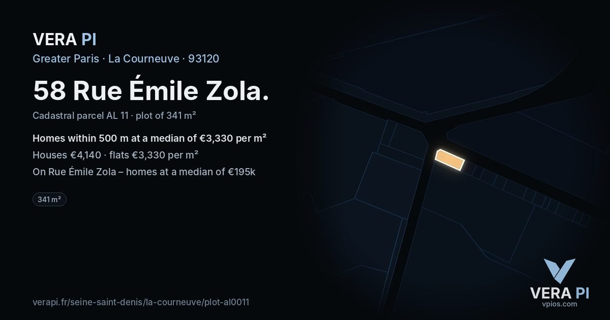 58 Rue Émile Zola, La Courneuve at night – the plot lit, the parcels around coloured by the prices near them