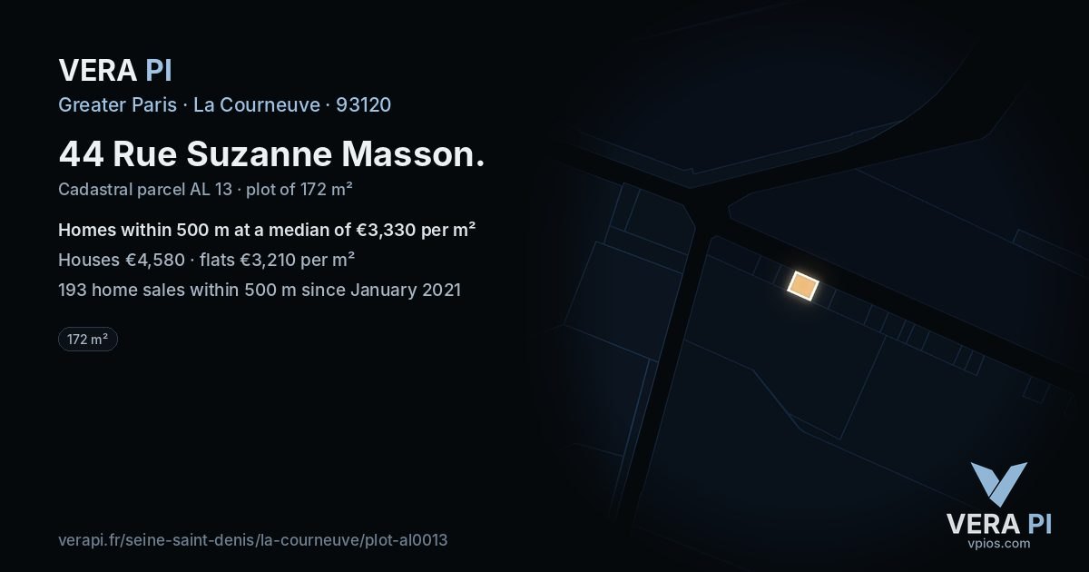 44 Rue Suzanne Masson, La Courneuve at night – the plot lit, the parcels around coloured by the prices near them