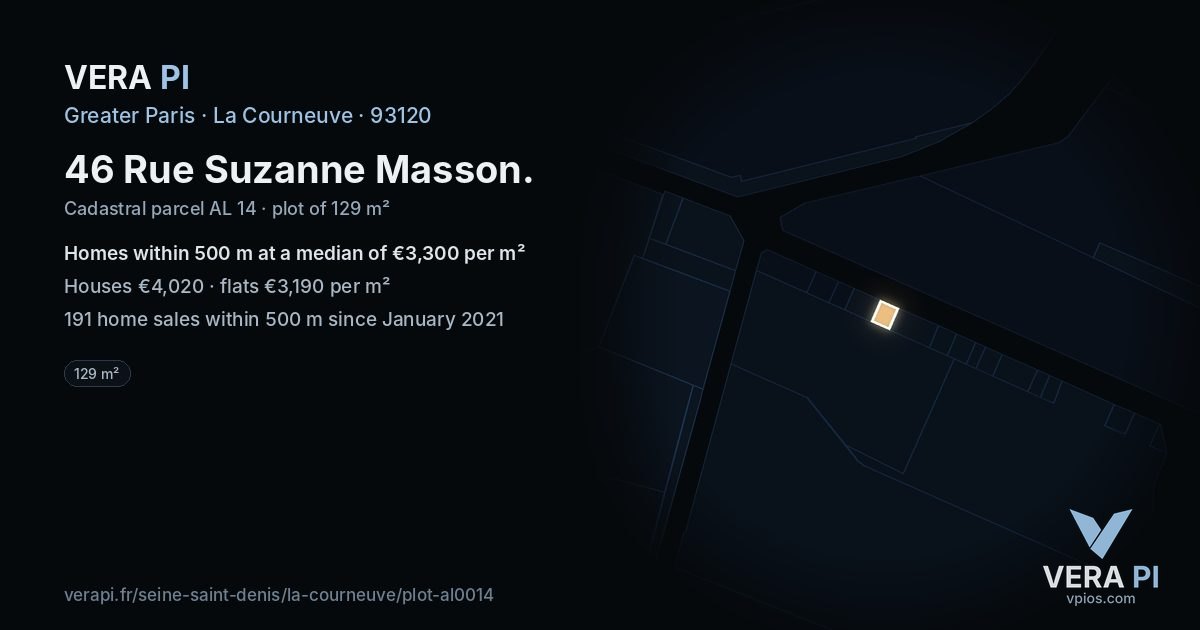 46 Rue Suzanne Masson, La Courneuve at night – the plot lit, the parcels around coloured by the prices near them