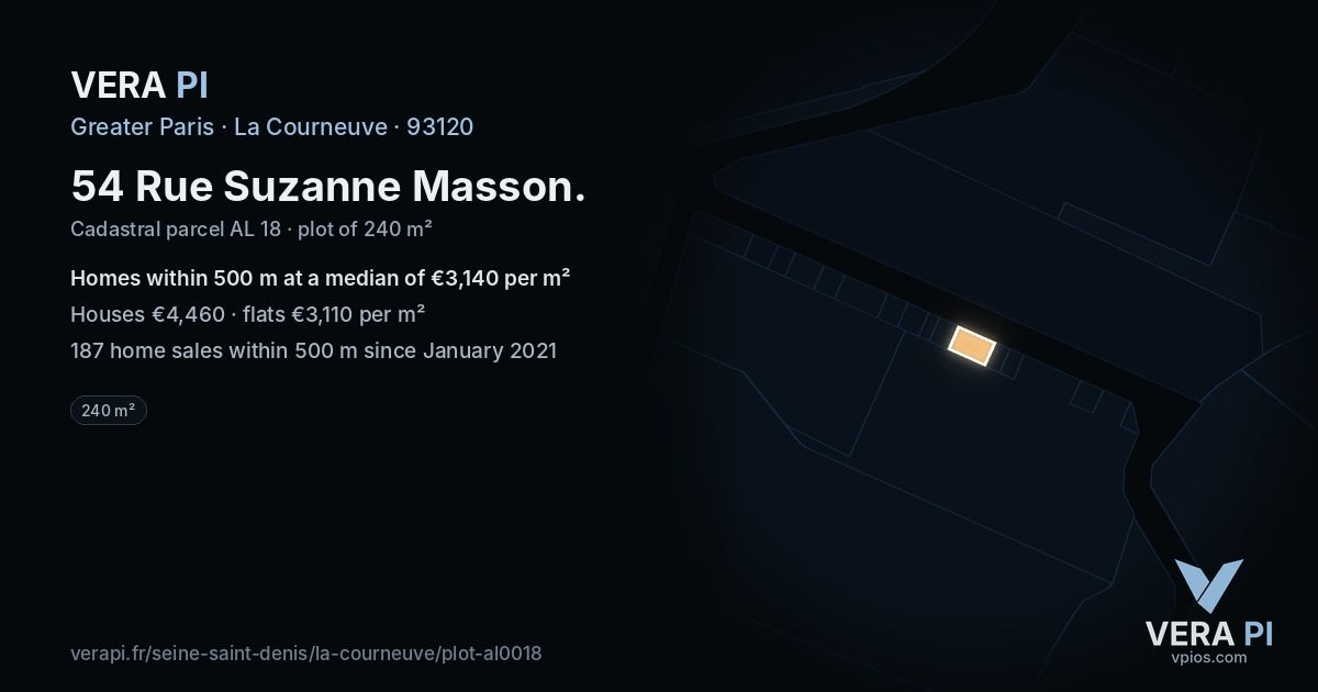 54 Rue Suzanne Masson, La Courneuve at night – the plot lit, the parcels around coloured by the prices near them