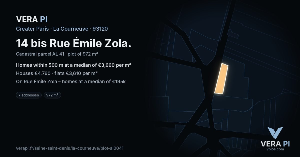 14 bis Rue Émile Zola, La Courneuve at night – the plot lit, the parcels around coloured by the prices near them