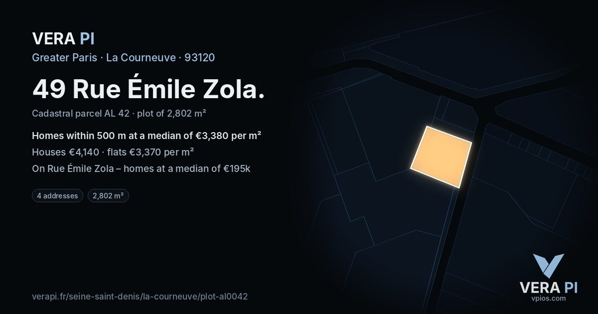49 Rue Émile Zola, La Courneuve at night – the plot lit, the parcels around coloured by the prices near them
