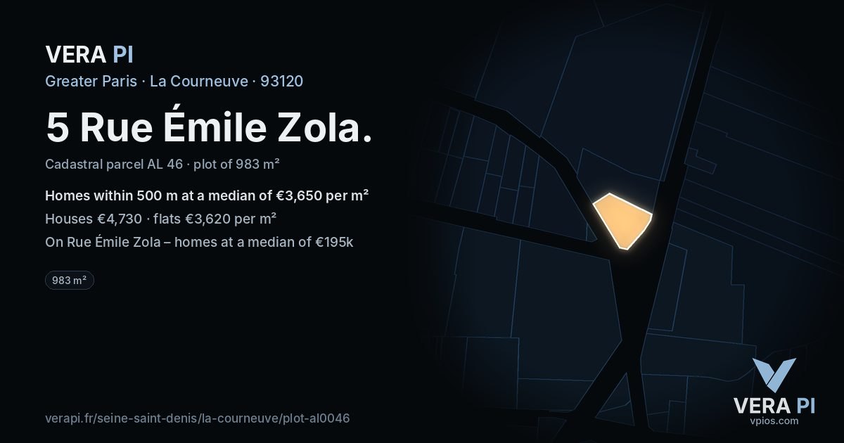 5 Rue Émile Zola, La Courneuve at night – the plot lit, the parcels around coloured by the prices near them