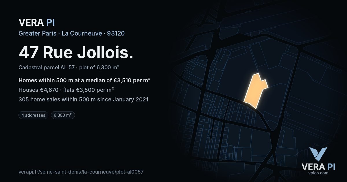 47 Rue Jollois, La Courneuve at night – the plot lit, the parcels around coloured by the prices near them
