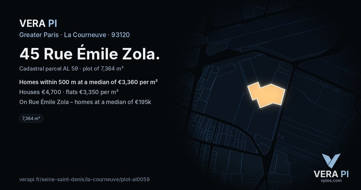 45 Rue Émile Zola, La Courneuve at night – the plot lit, the parcels around coloured by the prices near them