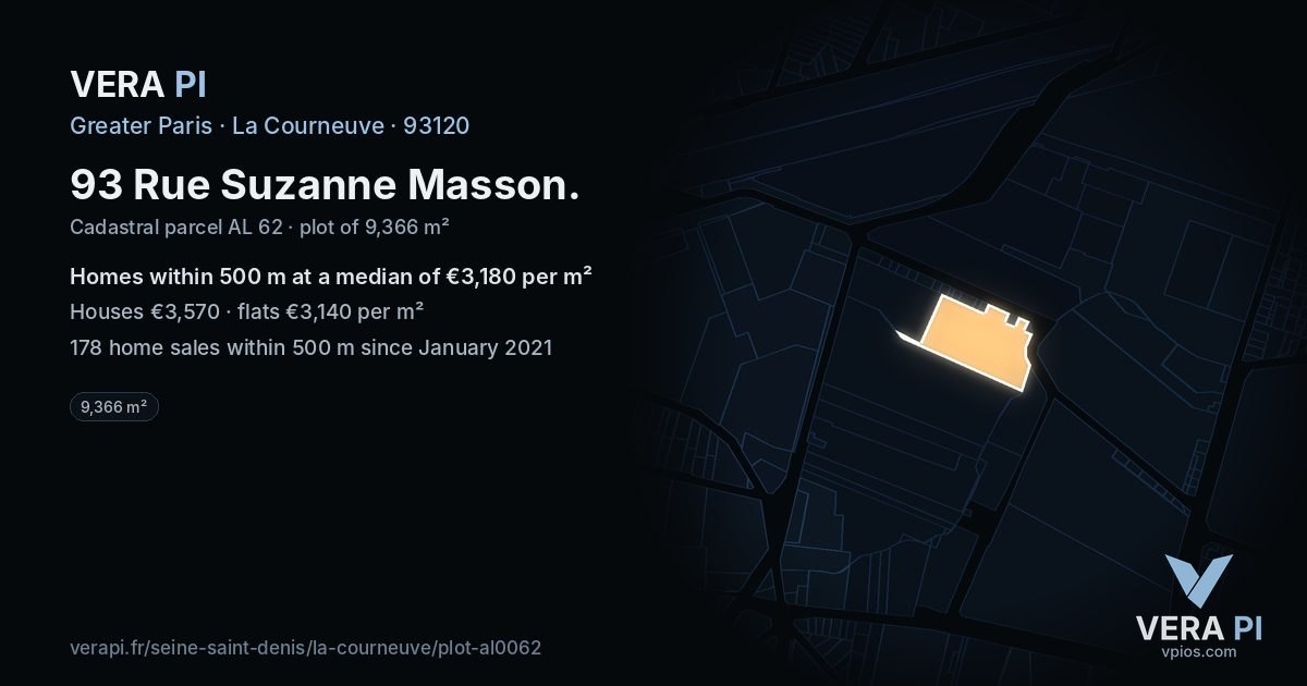93 Rue Suzanne Masson, La Courneuve at night – the plot lit, the parcels around coloured by the prices near them