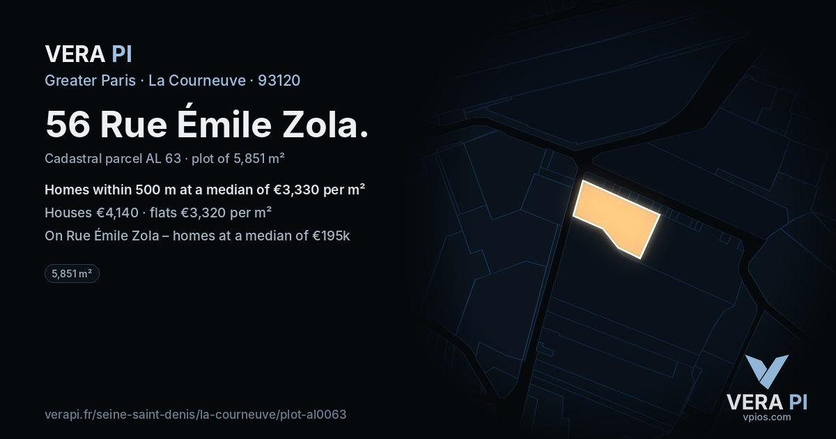 56 Rue Émile Zola, La Courneuve at night – the plot lit, the parcels around coloured by the prices near them