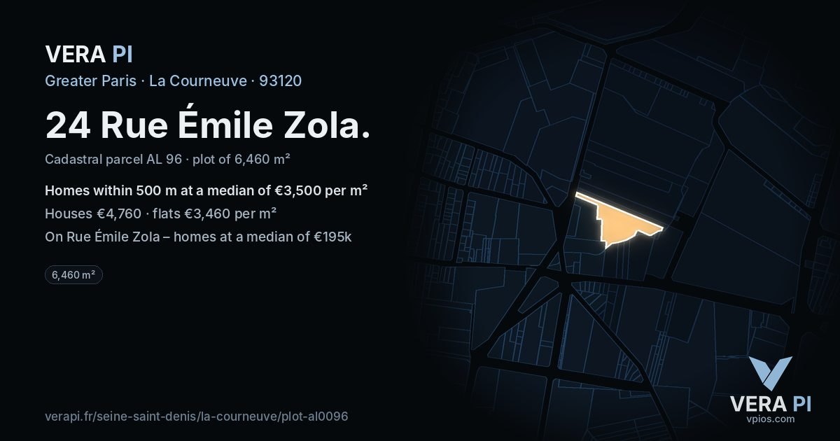 24 Rue Émile Zola, La Courneuve at night – the plot lit, the parcels around coloured by the prices near them