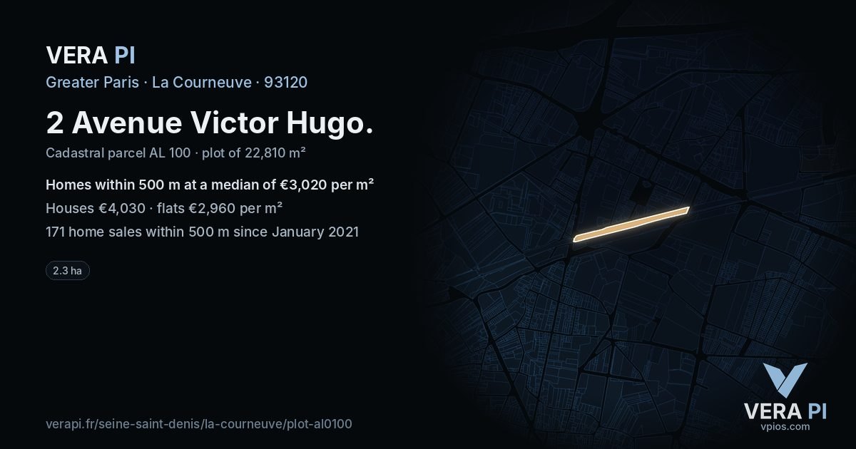 2 Avenue Victor Hugo, La Courneuve at night – the plot lit, the parcels around coloured by the prices near them