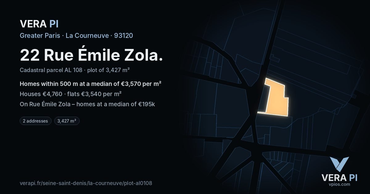 22 Rue Émile Zola, La Courneuve at night – the plot lit, the parcels around coloured by the prices near them