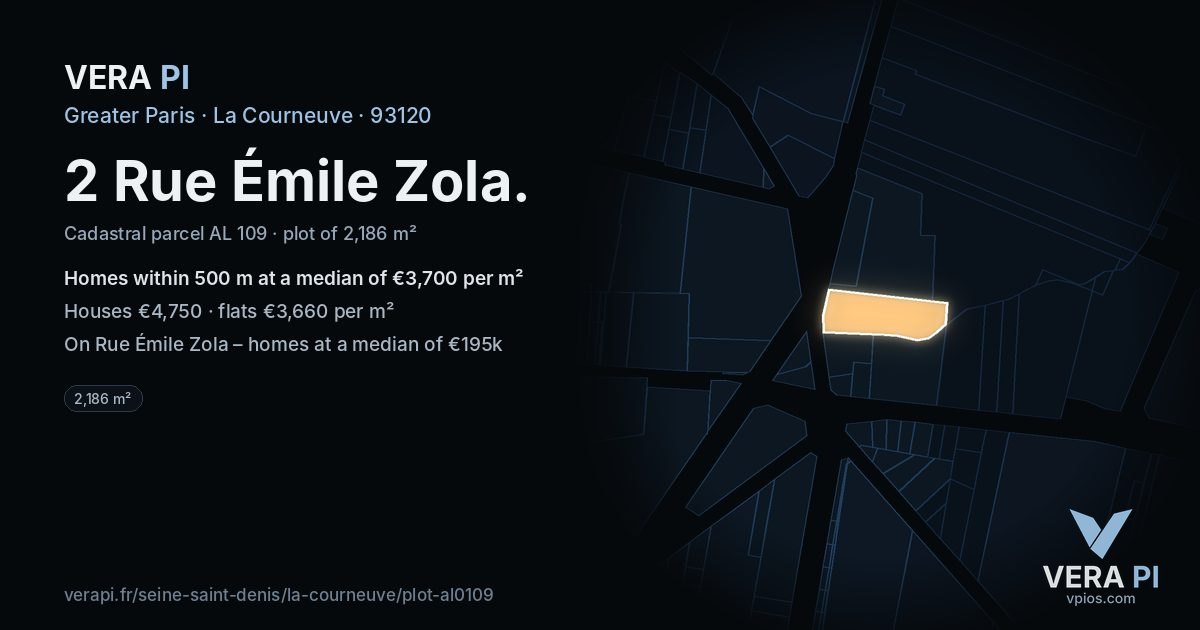 2 Rue Émile Zola, La Courneuve at night – the plot lit, the parcels around coloured by the prices near them