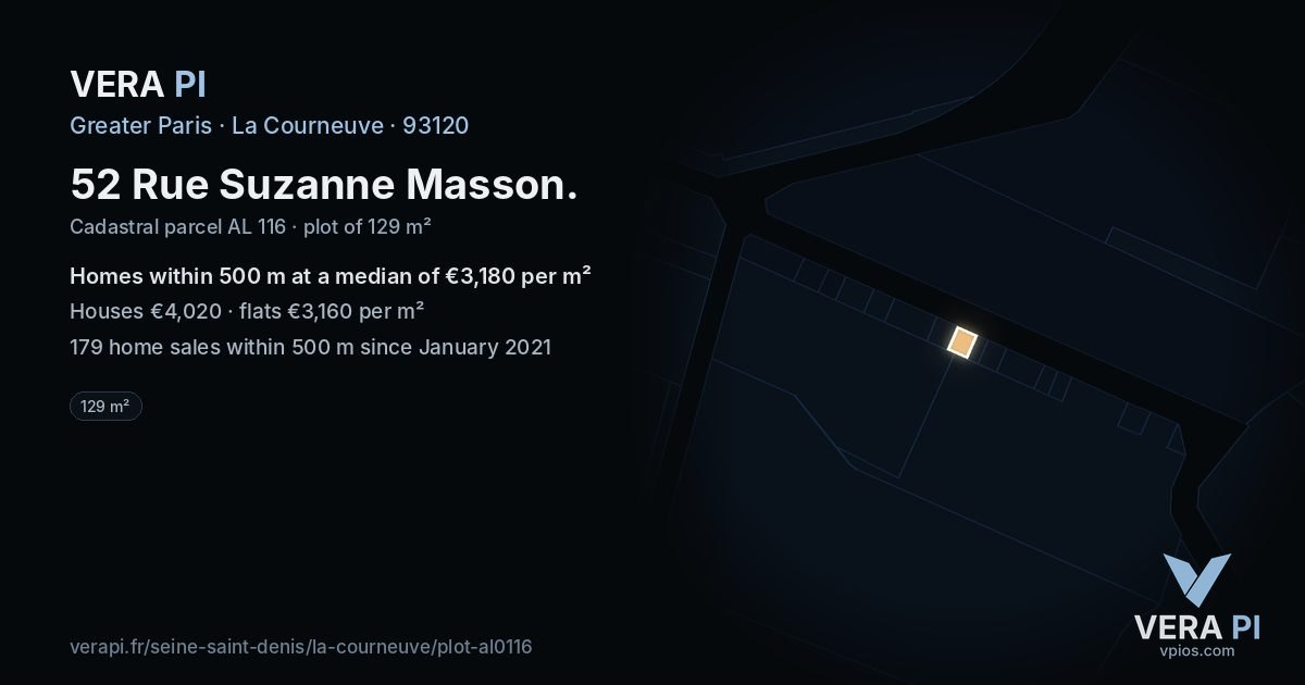 52 Rue Suzanne Masson, La Courneuve at night – the plot lit, the parcels around coloured by the prices near them
