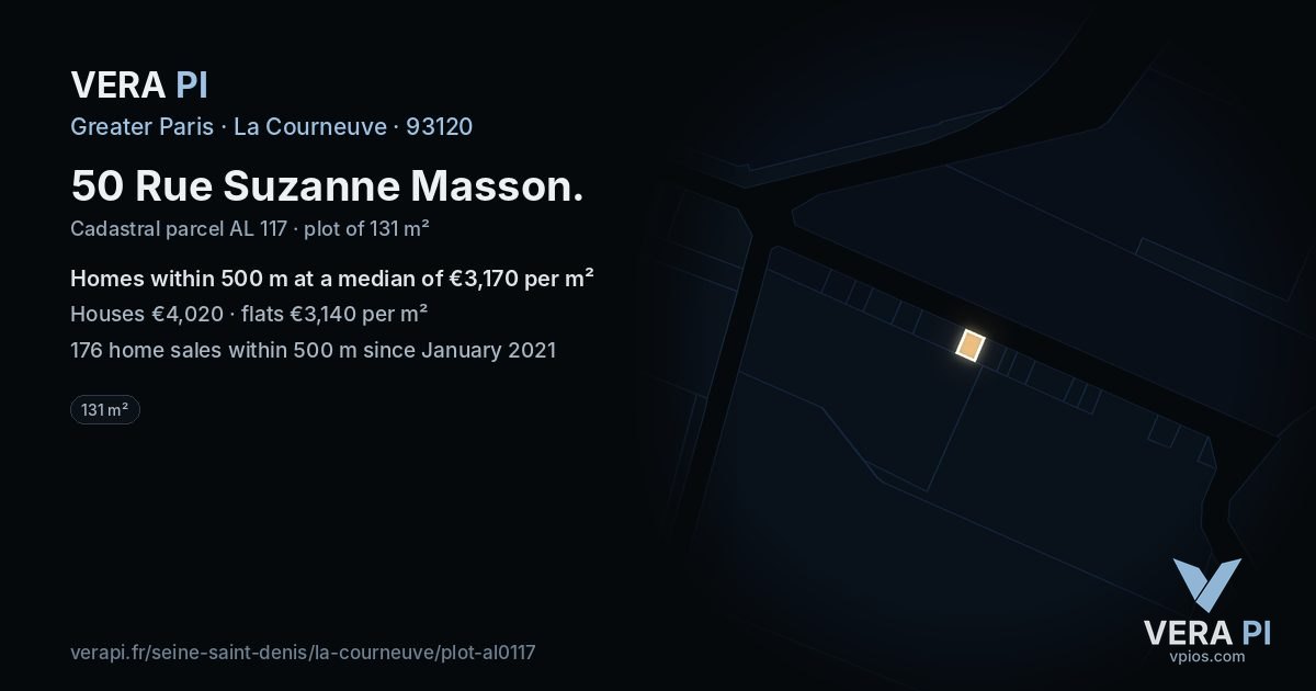 50 Rue Suzanne Masson, La Courneuve at night – the plot lit, the parcels around coloured by the prices near them
