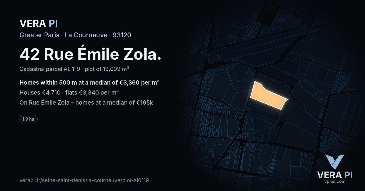 42 Rue Émile Zola, La Courneuve at night – the plot lit, the parcels around coloured by the prices near them