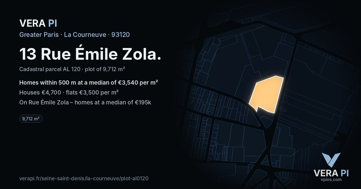 13 Rue Émile Zola, La Courneuve at night – the plot lit, the parcels around coloured by the prices near them