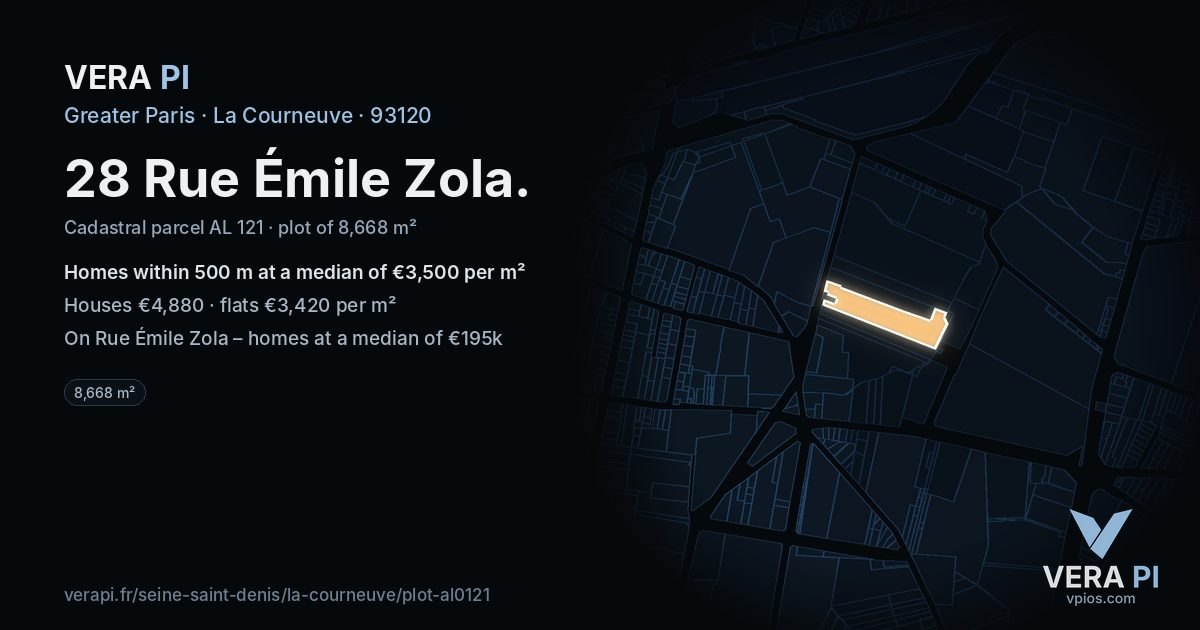 28 Rue Émile Zola, La Courneuve at night – the plot lit, the parcels around coloured by the prices near them