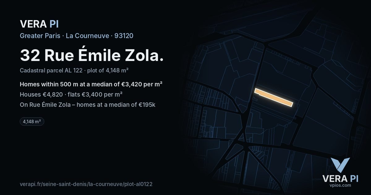 32 Rue Émile Zola, La Courneuve at night – the plot lit, the parcels around coloured by the prices near them