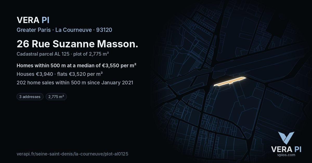 26 Rue Suzanne Masson, La Courneuve at night – the plot lit, the parcels around coloured by the prices near them